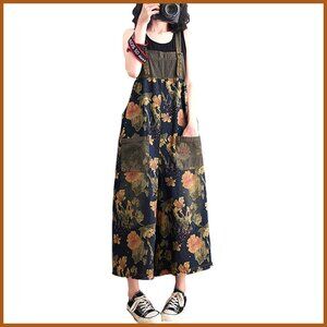 Denim Overalls with Adjustable Straps, Floral Print, Wide Leg Jumpsuit